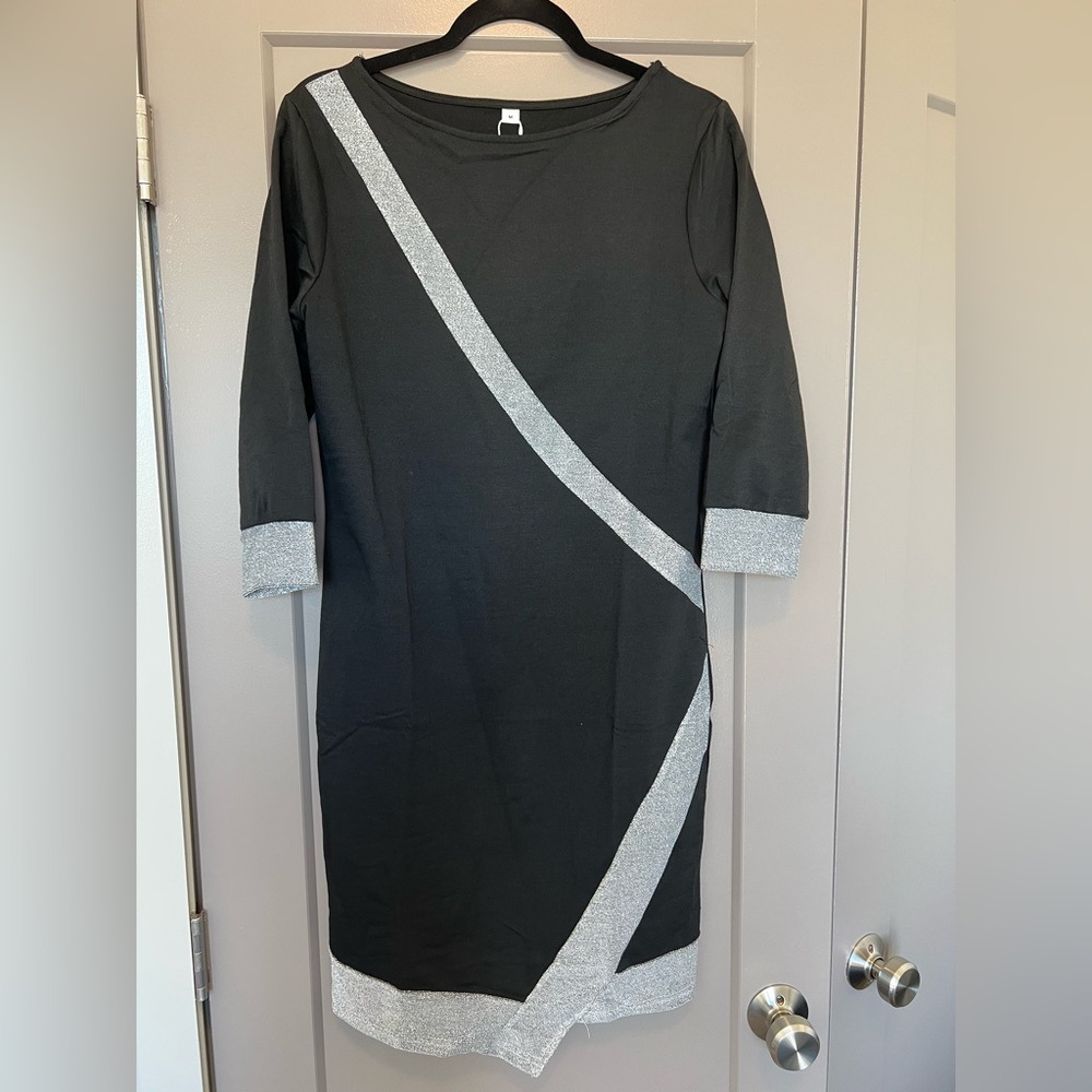 Crigne black mini dress with sparkly silver stripes, new with tags, size M